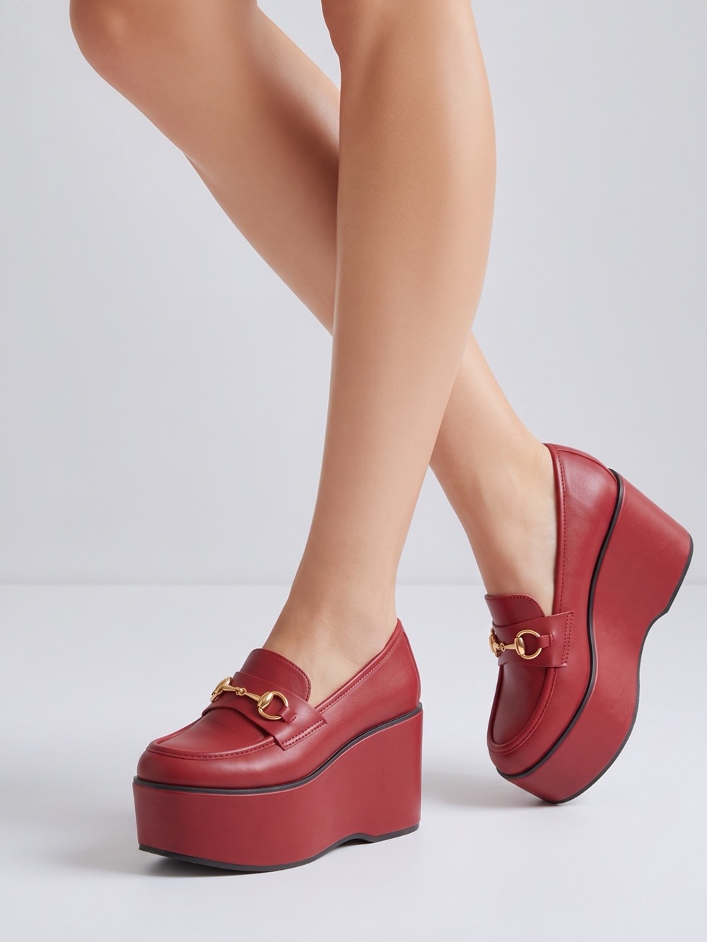 NIB ShoeDazzle Roxi Women’s Size 7 Tibetan Red Platform Loafers Gold Horsebit - Picture 5 of 9
